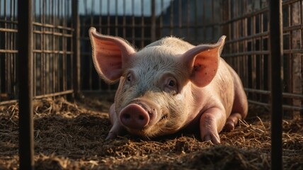 A domestic pig is peacefully laying on the ground in its pen area