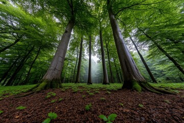 Fototapeta premium Minimalist forest panorama, with just a few tree trunks rising from a foggy ground, creating a quiet, ethereal scene with minimal detail