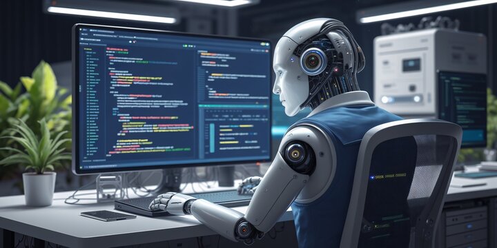 Robot Programmer at Work. A modern robot programmer diligently works on coding and developing software in a high-tech environment.