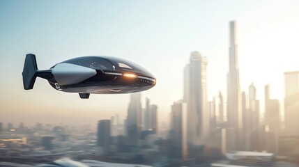 Fototapeta premium Sleek electric air taxi hovering above futuristic city skyline, smooth aerodynamic design, golden hour sunlight, modern transportation concept.