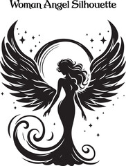 A woman angel silhouette stands gracefully, her flowing wings arched high, exuding serenity and strength. Her poised figure and gentle posture evoke a sense of divine beauty, peace, and ethereal grace