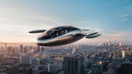 Naklejka premium Sleek electric air taxi hovering above futuristic city skyline, smooth aerodynamic design, golden hour sunlight, modern transportation concept.