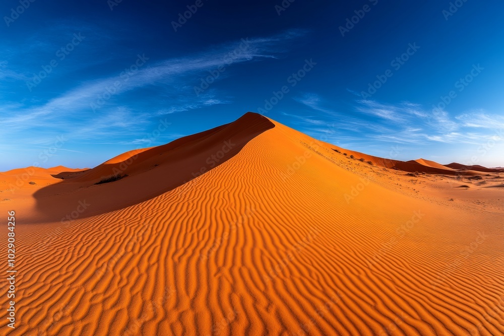 Poster minimalist panoramic landscape of a desert at dusk, with clean, simple lines showing the gentle curv