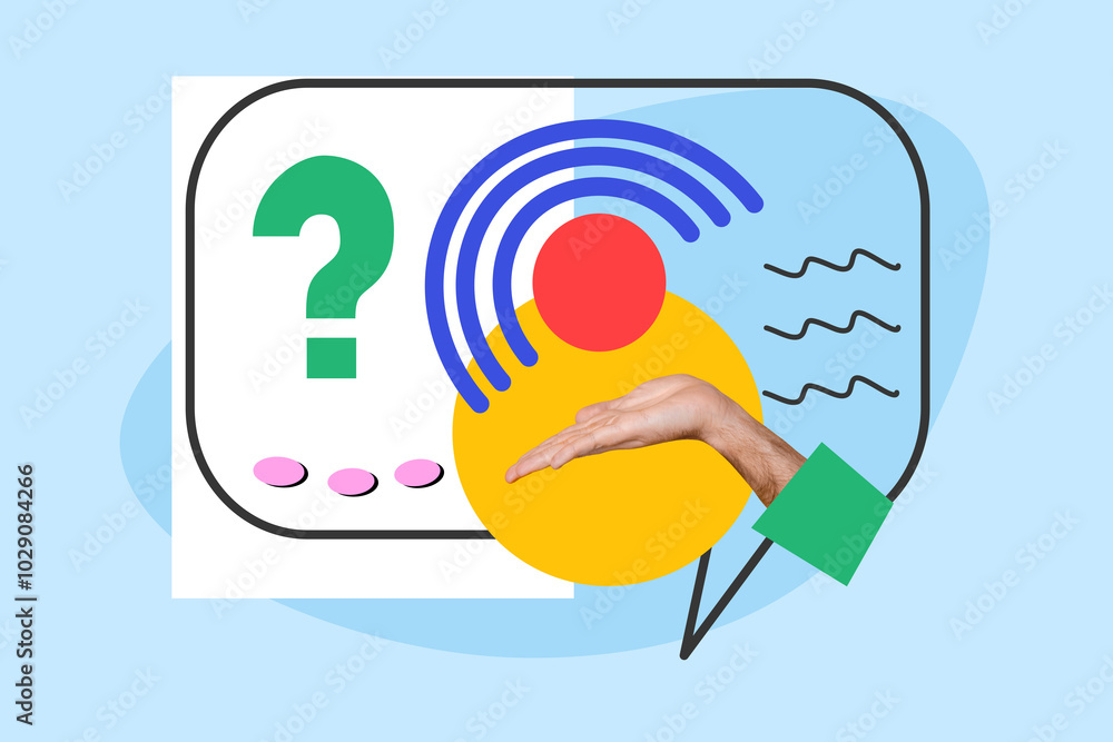 Poster creative collage picture human hand body fragment palm textbox message reply question mark wifi hots