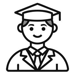 Graduate icon, Simple icon representing a graduate with a cap and gown, Student icon or logo design Line art vector silhouette.