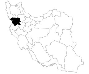 Map of Kurdistan province in Iran country on white background. Single province map highlighted by black colour on Iran map. Middle East, ir