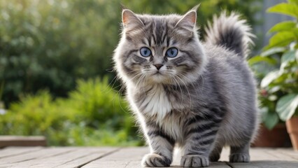 Fototapeta premium Blue siberian cat in the garden