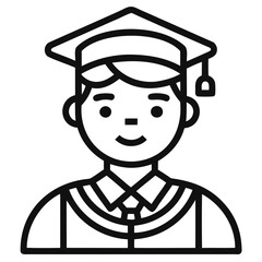 Graduate icon, Simple icon representing a graduate with a cap and gown, Student icon or logo design Line art vector silhouette.