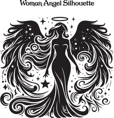 A woman angel silhouette stands gracefully, her flowing wings arched high, exuding serenity and strength. Her poised figure and gentle posture evoke a sense of divine beauty, peace, and ethereal grace