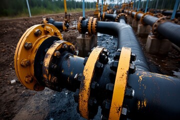 Old industrial metal pipes running through a crumbling factory, with rust, grime, and corrosion spreading across the surfaces, showing the breakdown of infrastructure over time