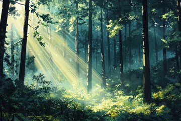 Obraz premium A serene forest scene illuminated by sunlight filtering through tall trees, creating a tranquil and magical atmosphere.