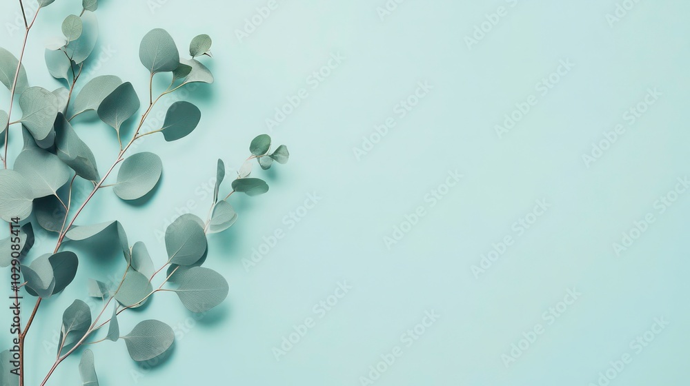 Poster eucalyptus branches on a blue background with copy space.