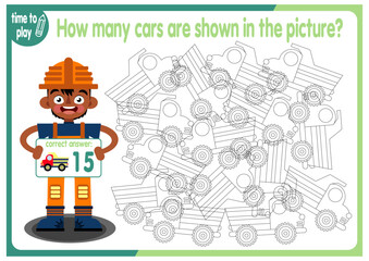 
Count how many cars are hidden in the picture. How many objects are there in the picture? Educational game for children. Colorful cartoon characters. Funny vector illustration