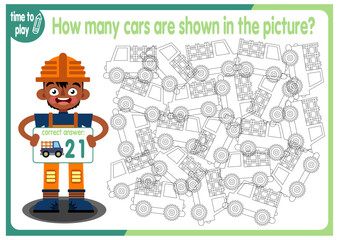 
Count how many cars are hidden in the picture. How many objects are there in the picture? Educational game for children. Colorful cartoon characters. Funny vector illustration