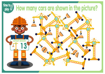 
Count how many cars are hidden in the picture. How many objects are there in the picture? Educational game for children. Colorful cartoon characters. Funny vector illustration