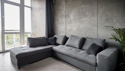 Gray corner comfortable sofa in room with concrete walls. Minimalist style interior design of modern living room. Created with generative AI