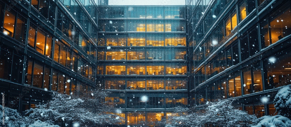 Aufkleber a modern office building with large windows, lit up from the inside, is covered in snow. the buildin