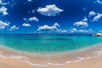 Fototapeta premium Panorama of a calm sea with a minimalist horizon, where the sky and water blend softly, creating a serene, endless expanse of blue