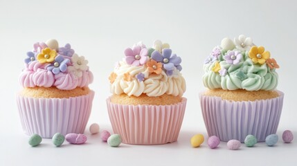 Easter cupcakes with pastel-colored frosting and tiny sugar flowers, isolated on white background