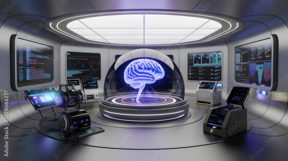 Poster the future of thought: a futuristic laboratory space with a glowing brain inside a protective sphere