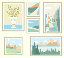 Paintings, Posters, Photos Hang on the String. Portraits, Landscapes, Still Lifes in the Gallery. Family Memories. Flat Vector Illustration