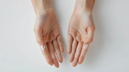 Close-Up of Open Hands with Neutral Manicure on White Background, Symbolizing Care, Support, and Connection