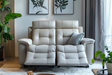 Light gray leather recliner sofa with two seats, armrests, near coffee table and decorative plants in a living room.