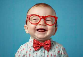 A cute baby boy wearing red glasses and a bow tie, laughing against a blue background.