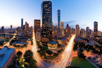 Naklejka premium Panoramic view of a bustling city skyline at dusk, with skyscrapers lit up against a darkening sky, cars moving like streams of light along busy streets