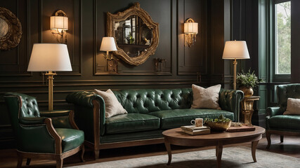 Luxurious green leather sofa in elegant room with warm lighting, classic design, and tall floor lamps.