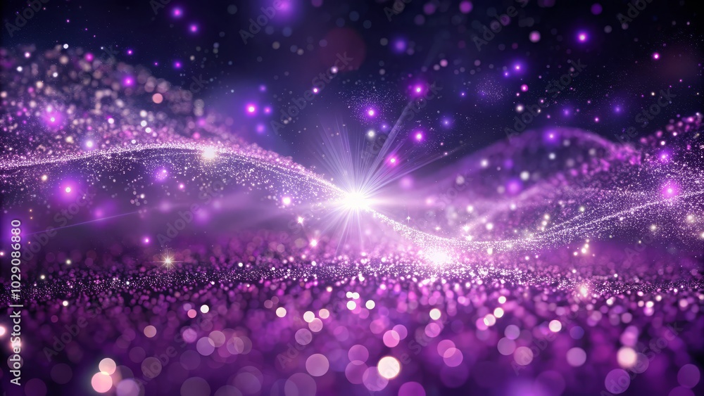 Poster abstract background featuring a wave of digital purple particles illuminated by sparkling dots and s