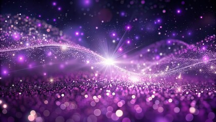 Fototapeta premium Abstract background featuring a wave of digital purple particles illuminated by sparkling dots and stars.