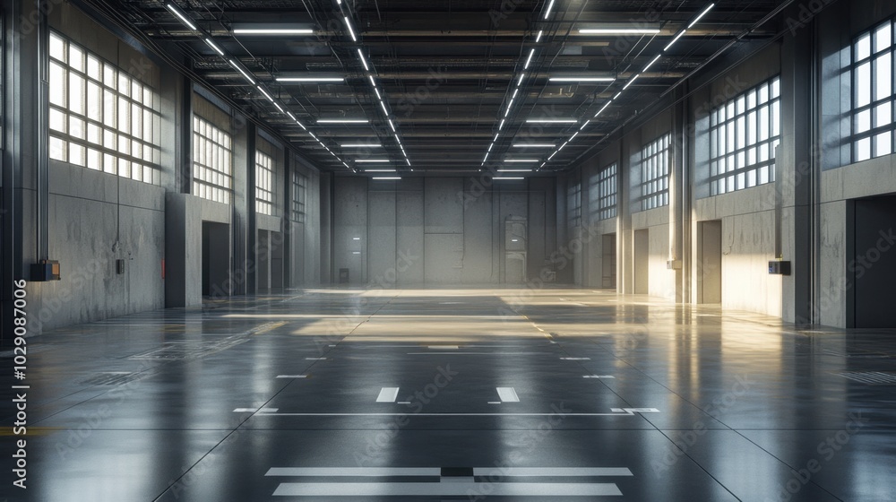 Poster a modern factory's motion-sensor led lights turn off automatically in empty sections, symbolizing sm