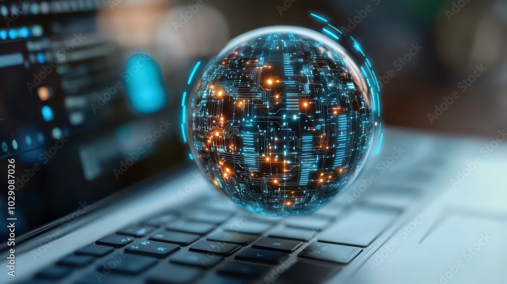 Poster a glowing sphere with circuit board design floats above a laptop keyboard, representing the concept 