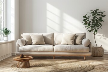 Minimalistic Living Room with Beige Sofa, Light Wood Herringbone Floor, and Soft Lighting Near Window
