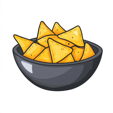 recommend clip art: An icon of a bowl filled with yellow triangular tortilla chips in a simple line art style. 