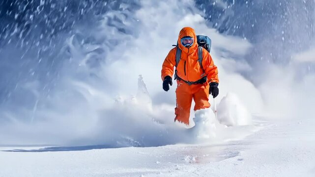 A climber dressed in bright orange gear trudging through deep snow.