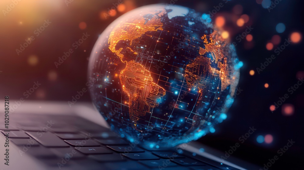 Poster a digital globe sits on a laptop keyboard with a blurred background, representing global connectivit