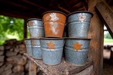Naklejka premium Rusted metal buckets stacked in an old barn, their surfaces flaking and their edges worn down, emphasizing the passage of time and the effects of weathering on metal