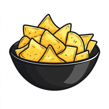recommend clip art: An icon of a bowl filled with yellow triangular tortilla chips in a simple line art style. 