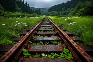 Fototapeta premium Rusted railroad tracks running through an overgrown field, with the once shiny metal now dull and covered in corrosion, symbolizing a forgotten path through time