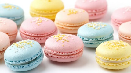Fototapeta premium Easter macarons in pastel shades of pink, yellow, and blue, arranged beautifully on a white background