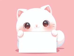 Cute white cat holding white paper