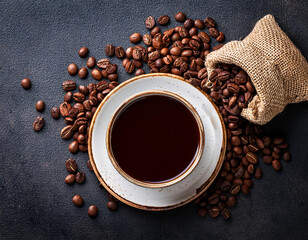 coffee time and coffee beans on black background