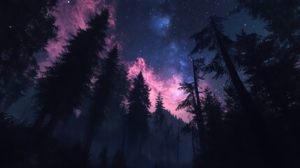 Obraz premium A low angle view of a forest at night with a starry sky and pink clouds.