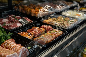 Meat Counter Displaying Various Types of Fresh and Sliced Pork, from Raw to Grilled or Marinated.