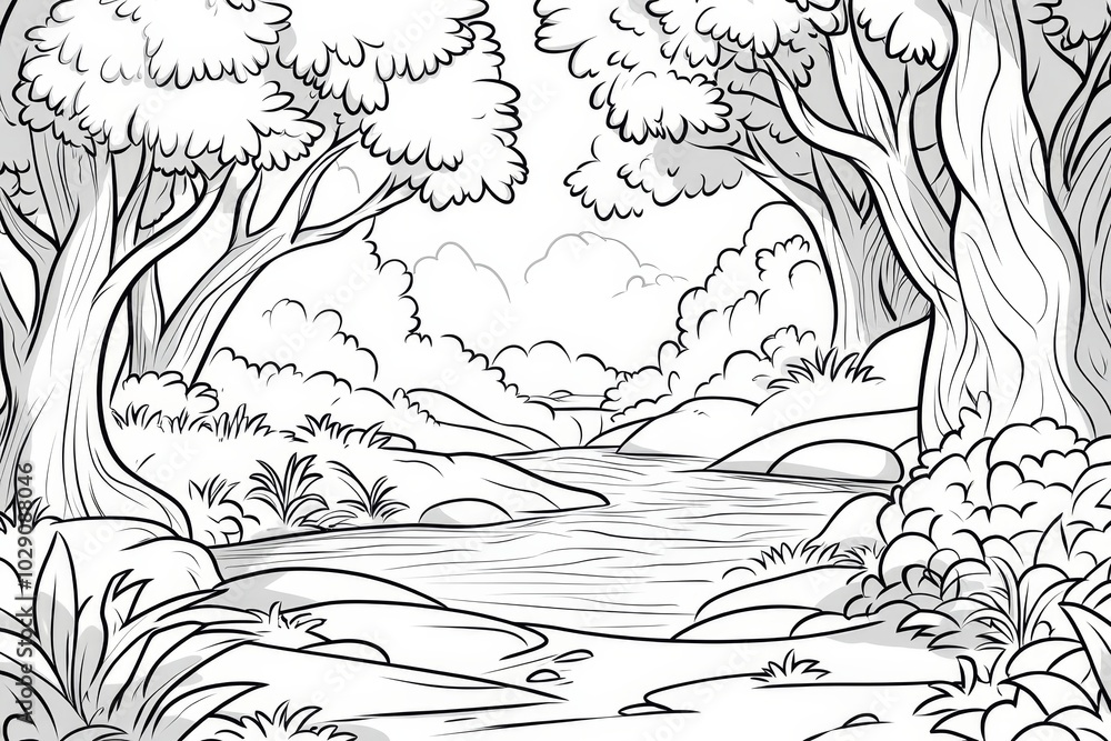 Fototapete simple outline of a forest stream, with just a few lines and soft shading representing the flowing w