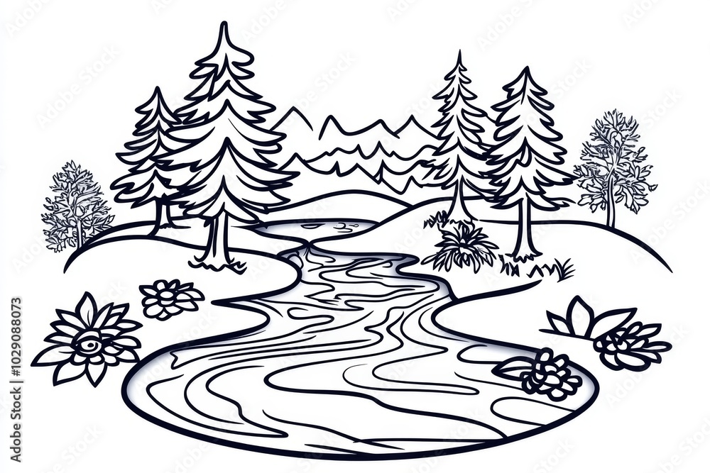 Poster Simple outline of a forest stream, with just a few lines and soft shading representing the flowing water and surrounding trees, evoking a peaceful, magical scene