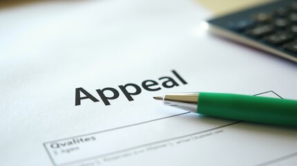 Close-up of appeal document with green pen and calculator