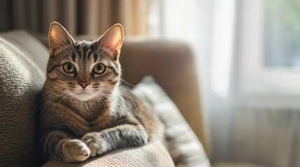 A tabby cat with green eyes lays on a couch looking at the camera.